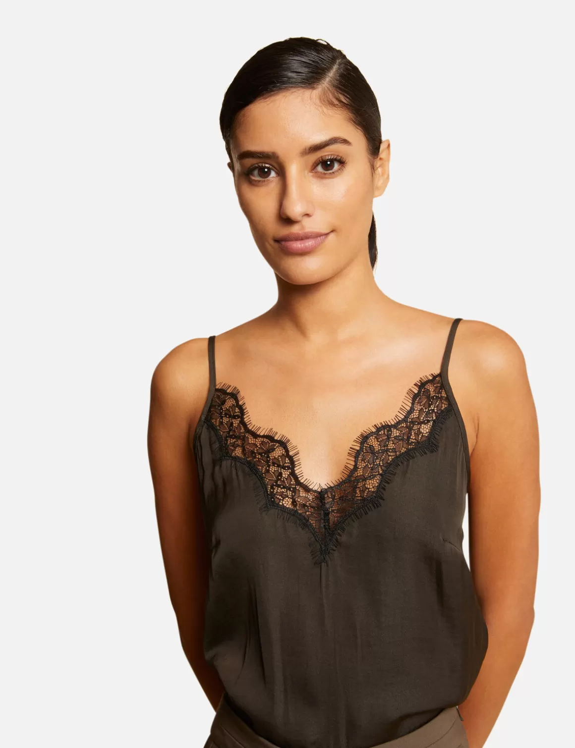 Morgan Chemises Et Blouses>Blouse Bretelles Fines Avec Dentelle Vert Kaki Femme | Vert_Kaki