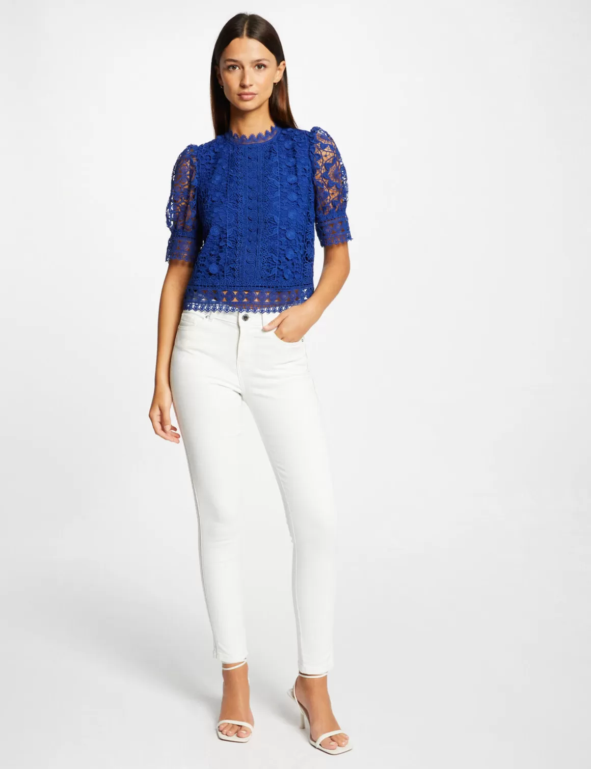 Morgan Chemises Et Blouses>Blouse Manches Courtes En Dentelle Bleu Electrique Femme | Bleu_Electrique