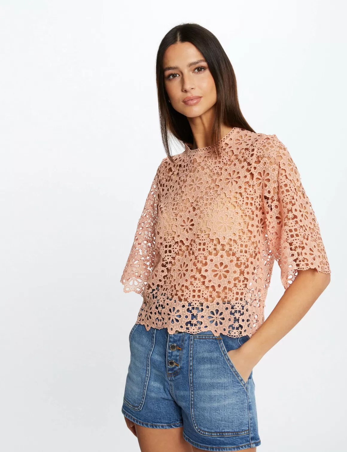 Morgan Chemises Et Blouses>Blouse Manches Courtes En Dentelle Rose Moyen Femme | Rose_Moyen