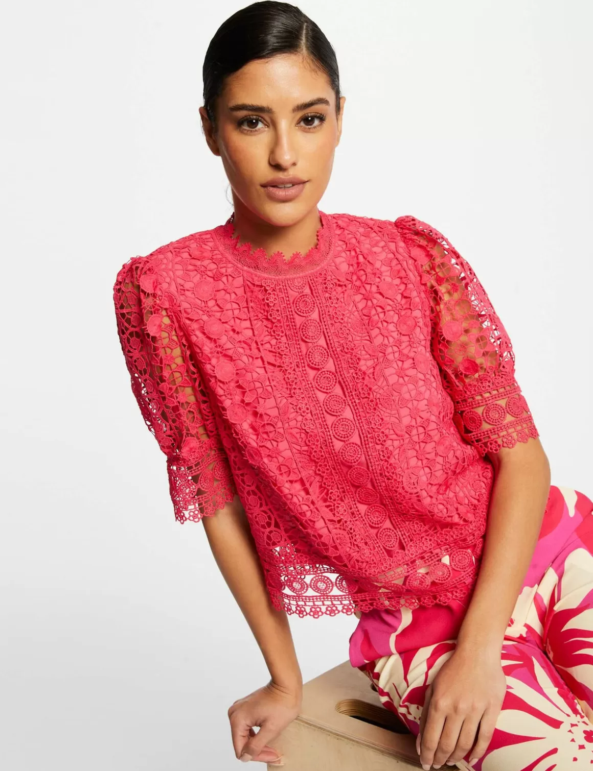 Morgan Chemises Et Blouses>Blouse Manches Courtes En Dentelle Rose Moyen Femme | Rose_Moyen