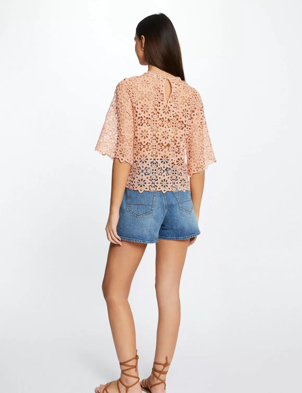 Morgan Chemises Et Blouses>Blouse Manches Courtes En Dentelle Rose Moyen Femme | Rose_Moyen