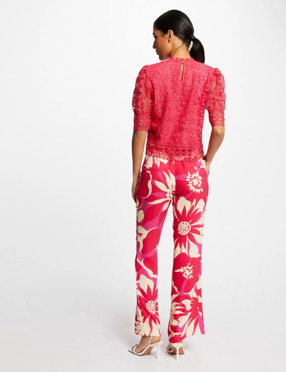 Morgan Chemises Et Blouses>Blouse Manches Courtes En Dentelle Rose Moyen Femme | Rose_Moyen