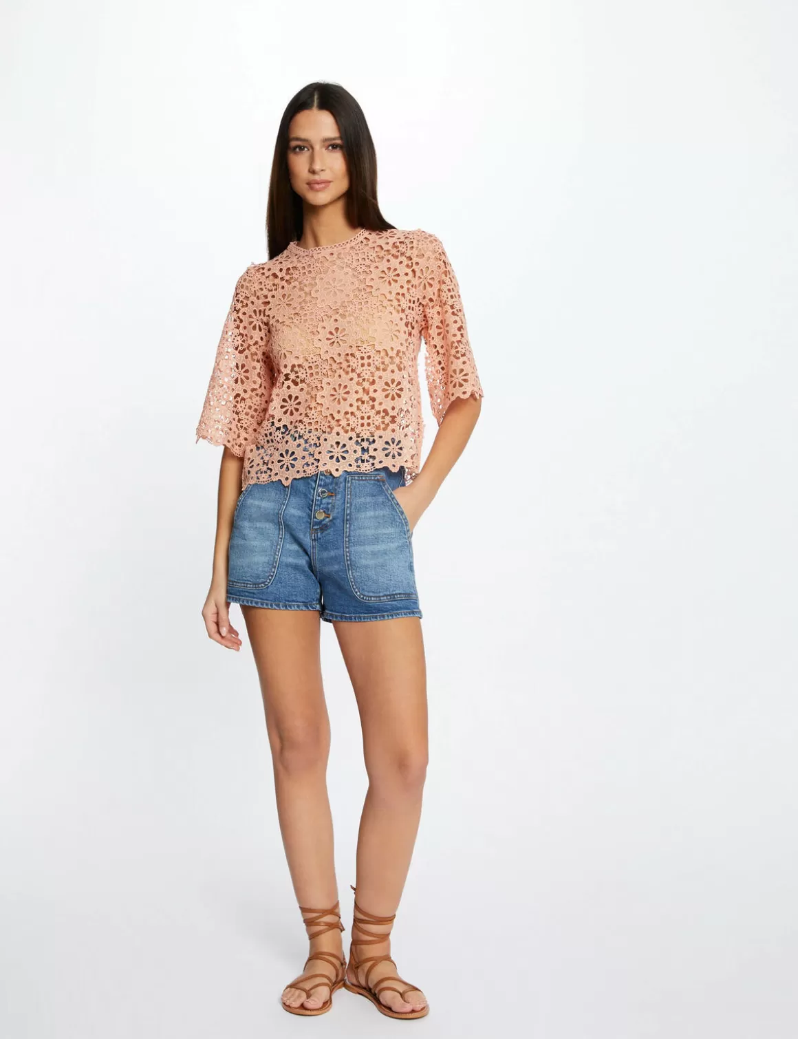 Morgan Chemises Et Blouses>Blouse Manches Courtes En Dentelle Rose Moyen Femme | Rose_Moyen
