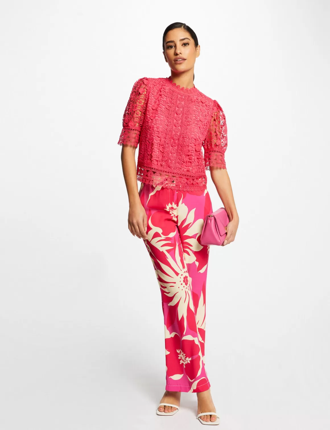 Morgan Chemises Et Blouses>Blouse Manches Courtes En Dentelle Rose Moyen Femme | Rose_Moyen
