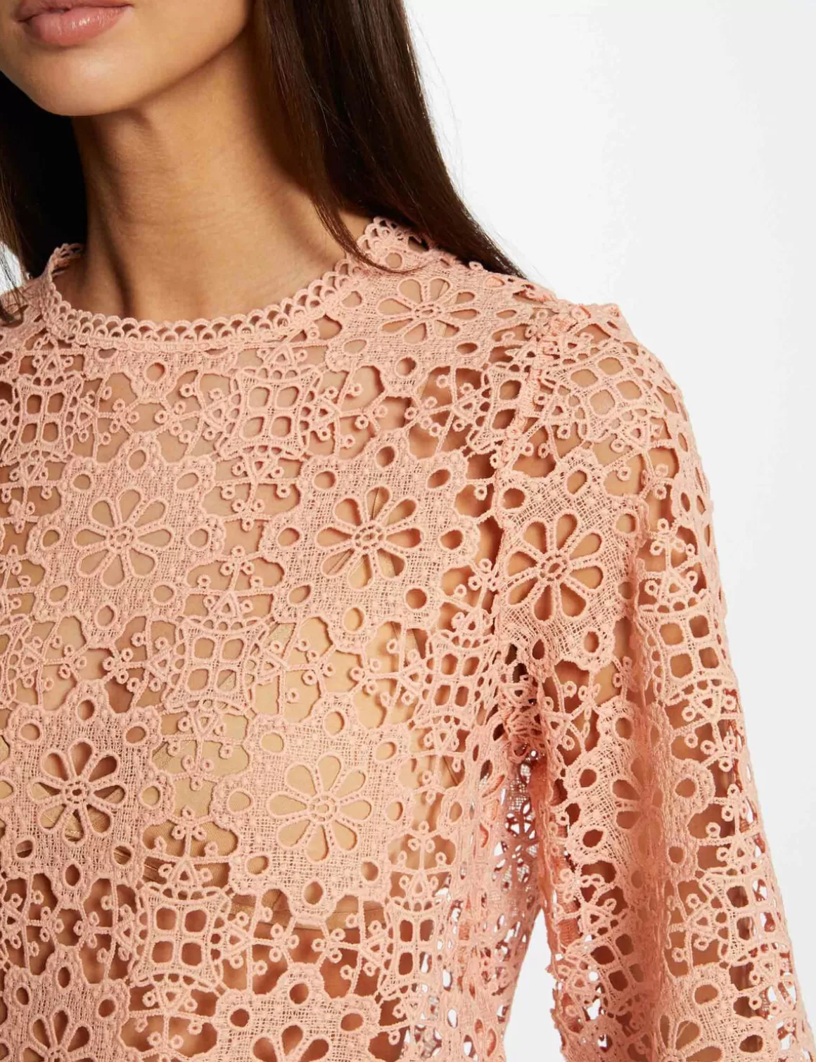Morgan Chemises Et Blouses>Blouse Manches Courtes En Dentelle Rose Moyen Femme | Rose_Moyen