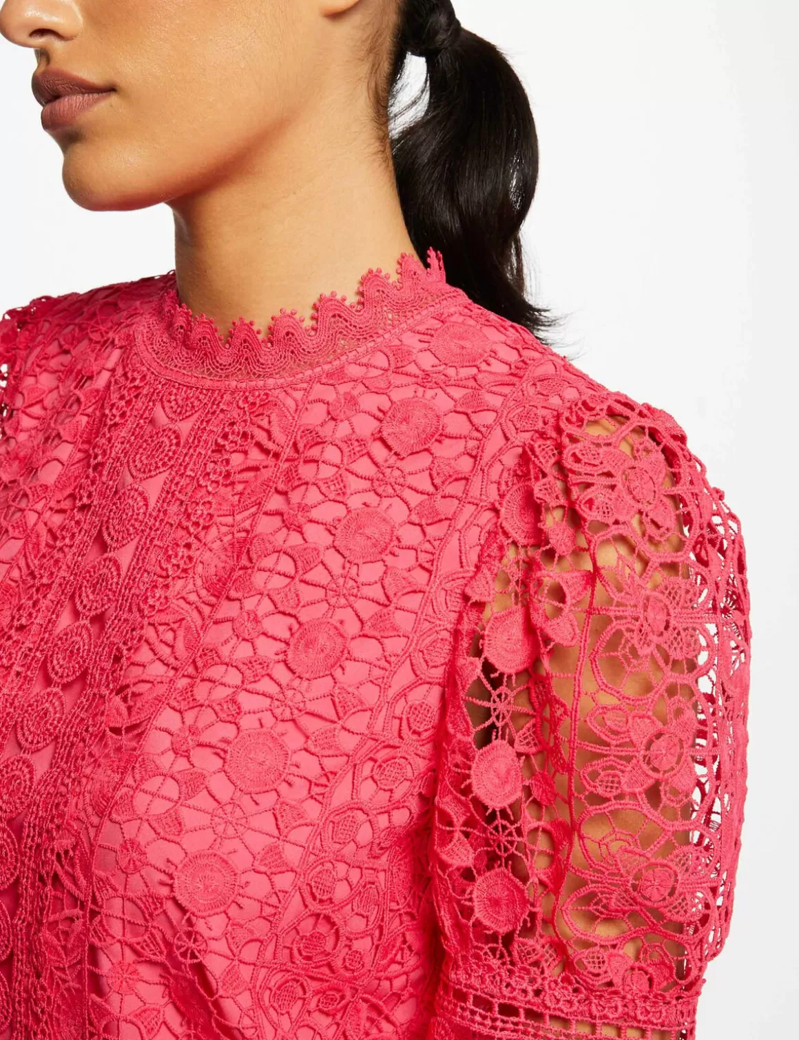 Morgan Chemises Et Blouses>Blouse Manches Courtes En Dentelle Rose Moyen Femme | Rose_Moyen