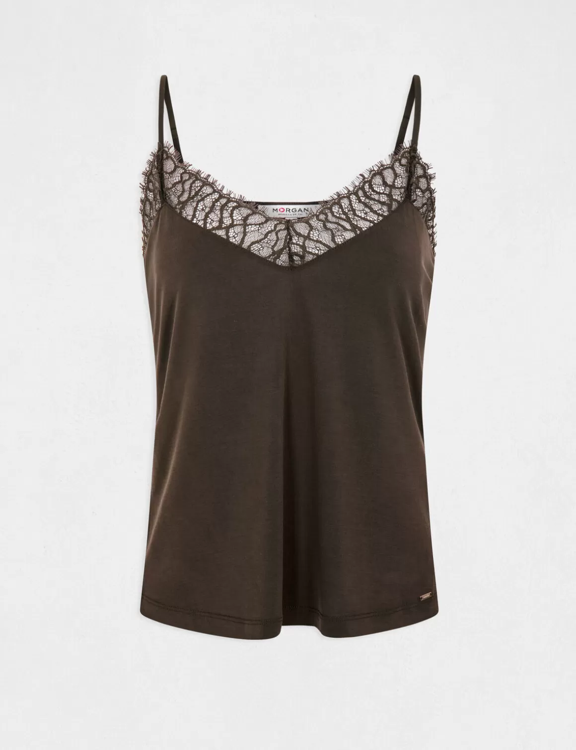 Morgan Tops Et T-Shirts>Debardeur Bretelles Fines Avec Dentelle Vert Kaki Femme | Vert_Kaki