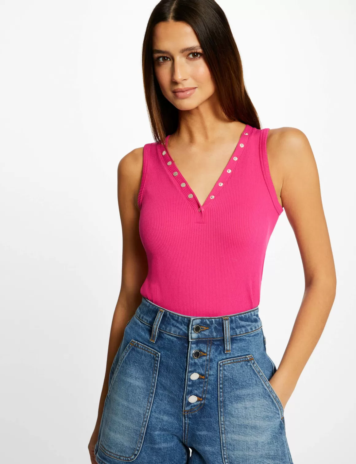 Morgan Tops Et T-Shirts>Debardeur Bretelles Larges Effet Cotele Rose Fonce Femme | Rose_Fonce