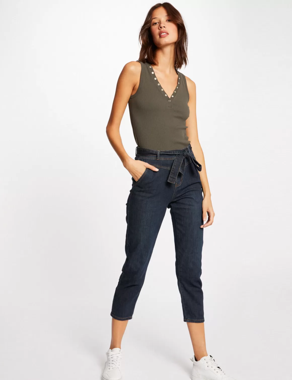 Morgan Tops Et T-Shirts>Debardeur Bretelles Larges Effet Cotele Vert Kaki Femme | Vert_Kaki