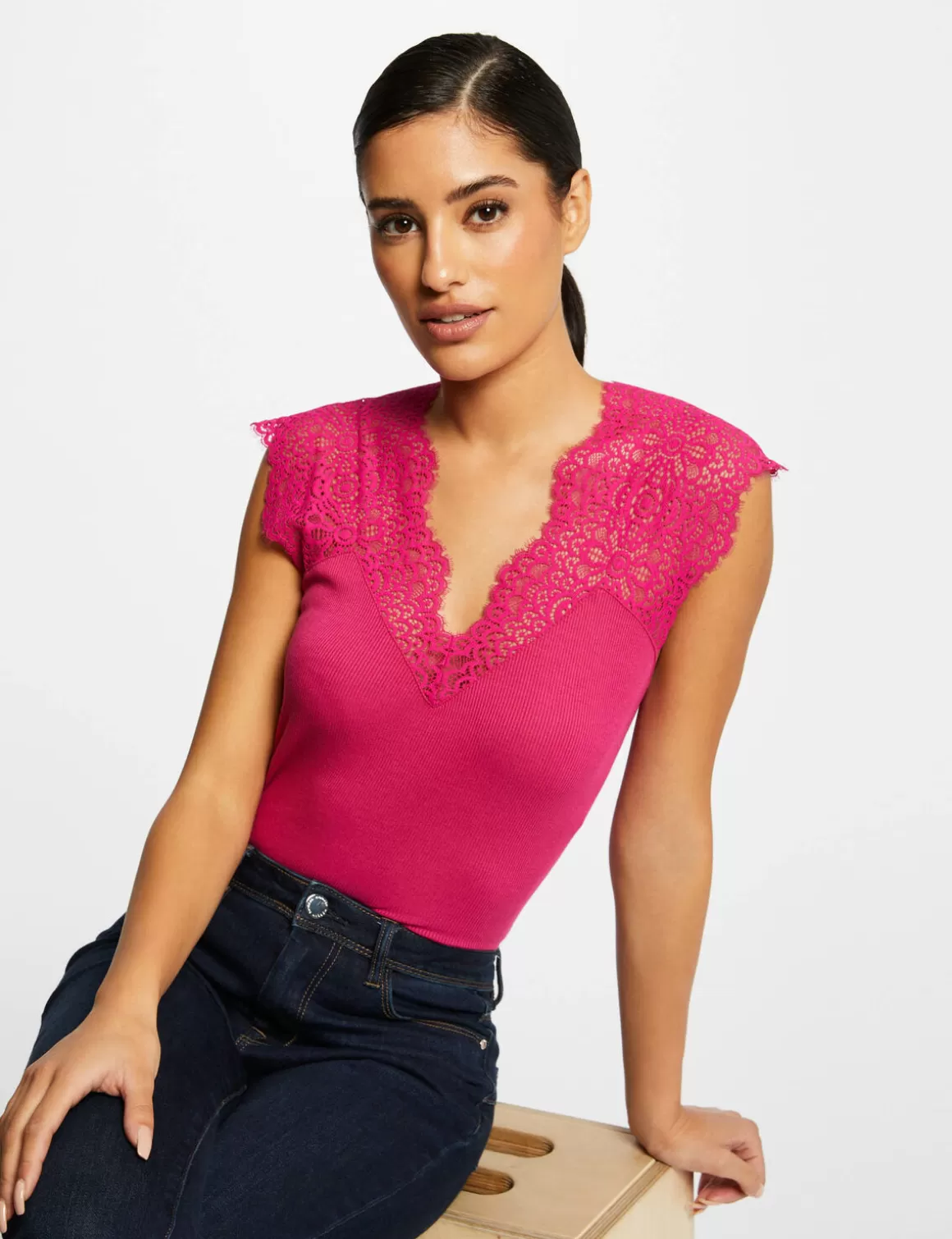 Morgan Tops Et T-Shirts>Debardeur Bretelles Larges En Dentelle Rose Fonce Femme | Rose_Fonce