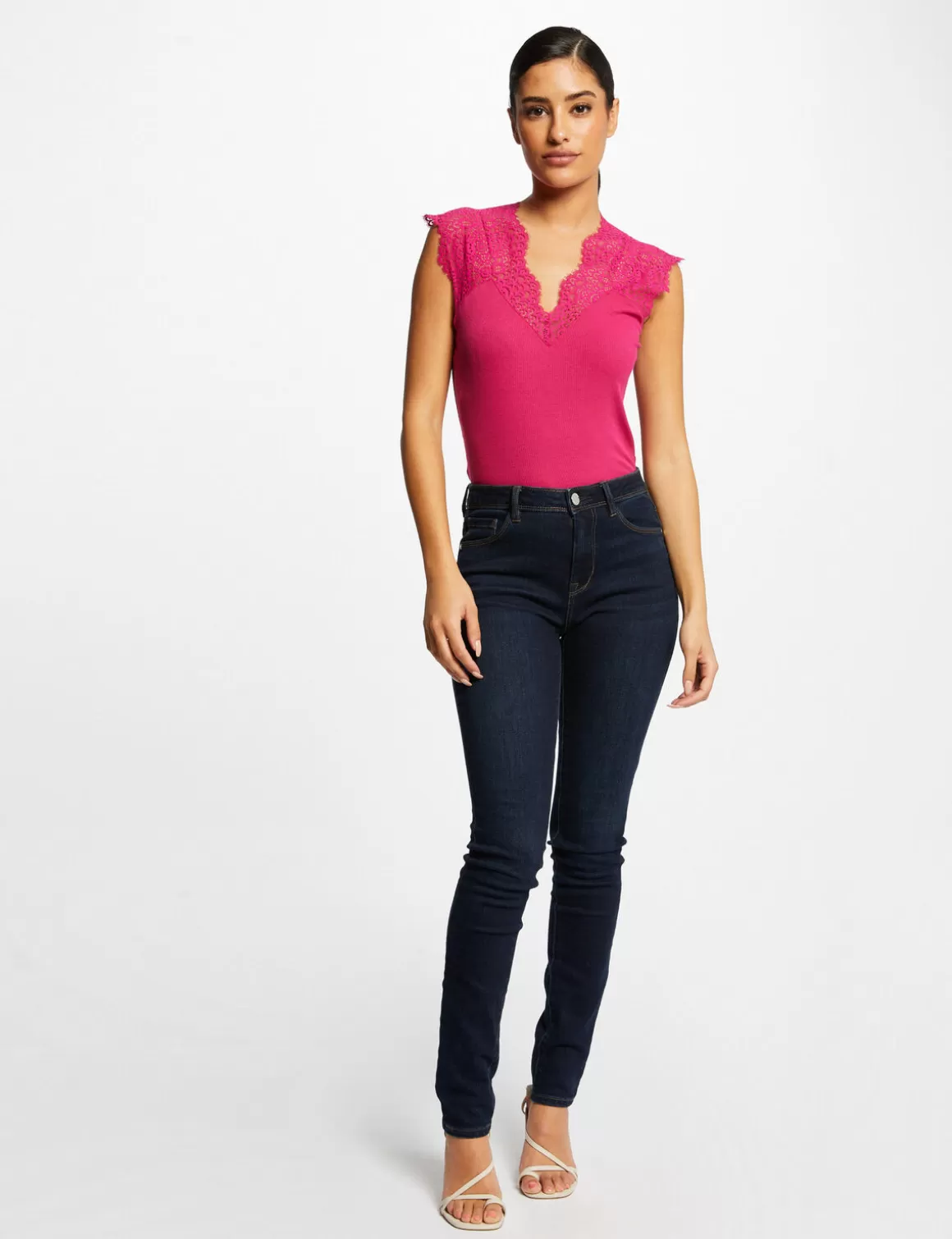 Morgan Tops Et T-Shirts>Debardeur Bretelles Larges En Dentelle Rose Fonce Femme | Rose_Fonce