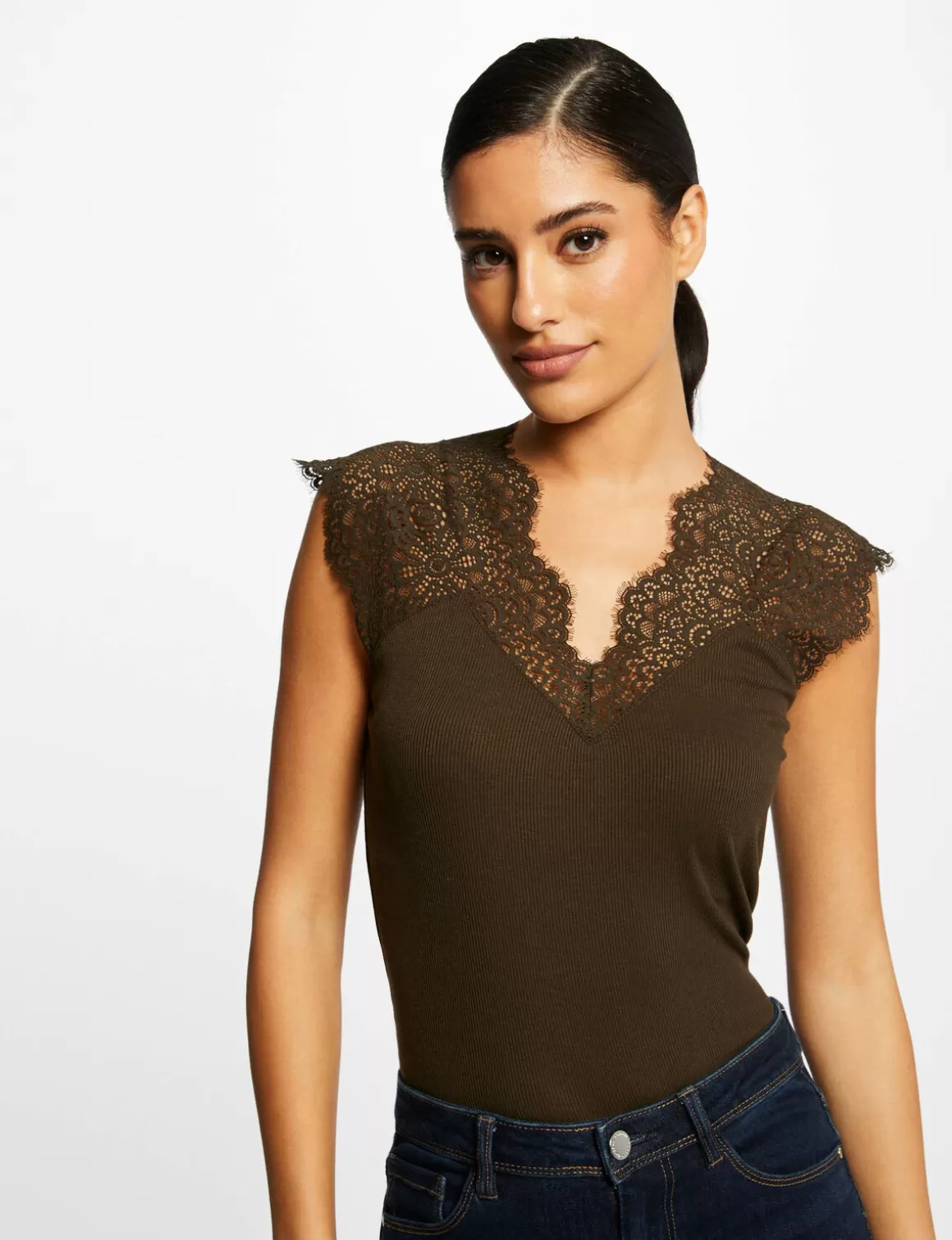 Morgan Tops Et T-Shirts>Debardeur Bretelles Larges En Dentelle Vert Kaki Femme | Vert_Kaki