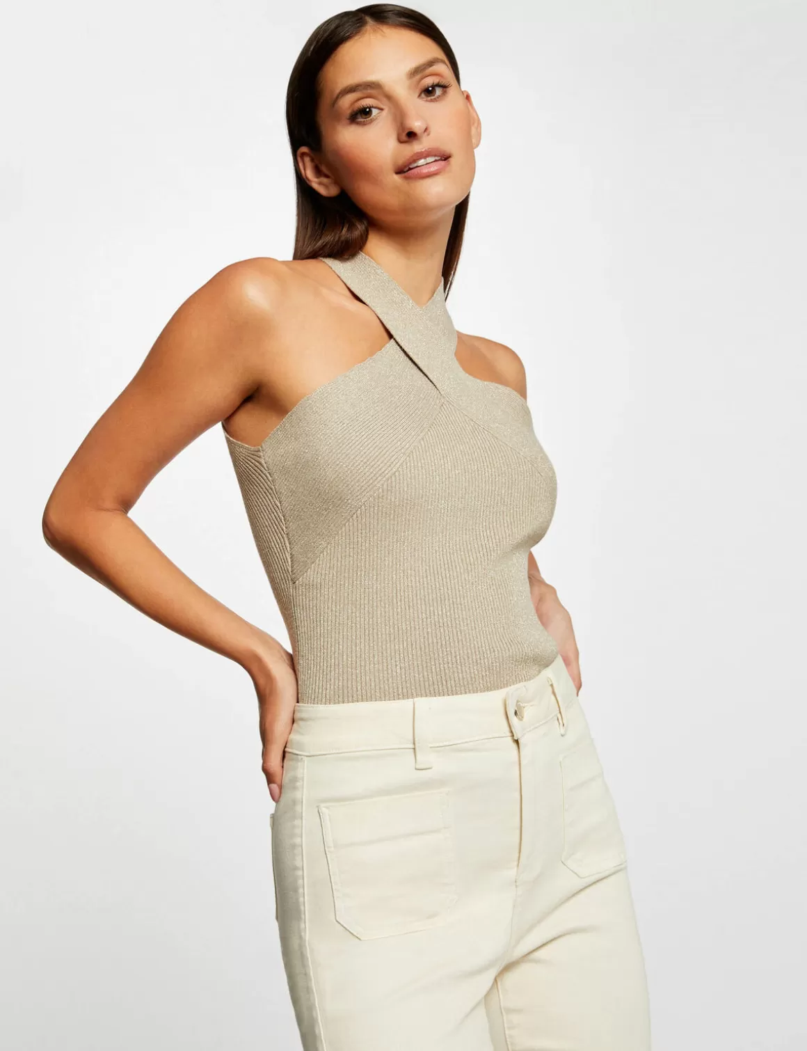 Morgan Tops Et T-Shirts>Debardeur Pull Bretelles Croisees Au Col Beige Clair Femme | Beige_Clair