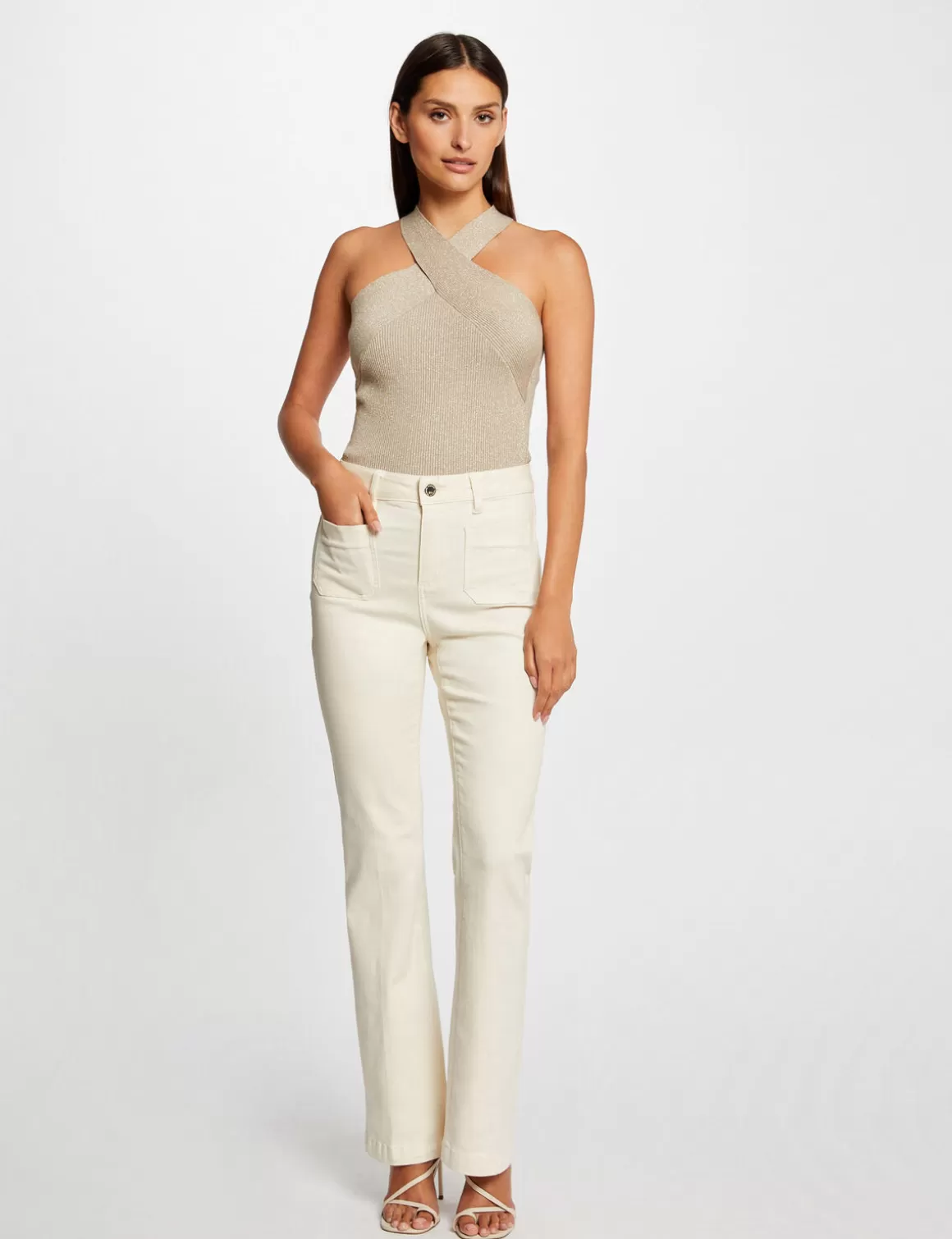 Morgan Tops Et T-Shirts>Debardeur Pull Bretelles Croisees Au Col Beige Clair Femme | Beige_Clair