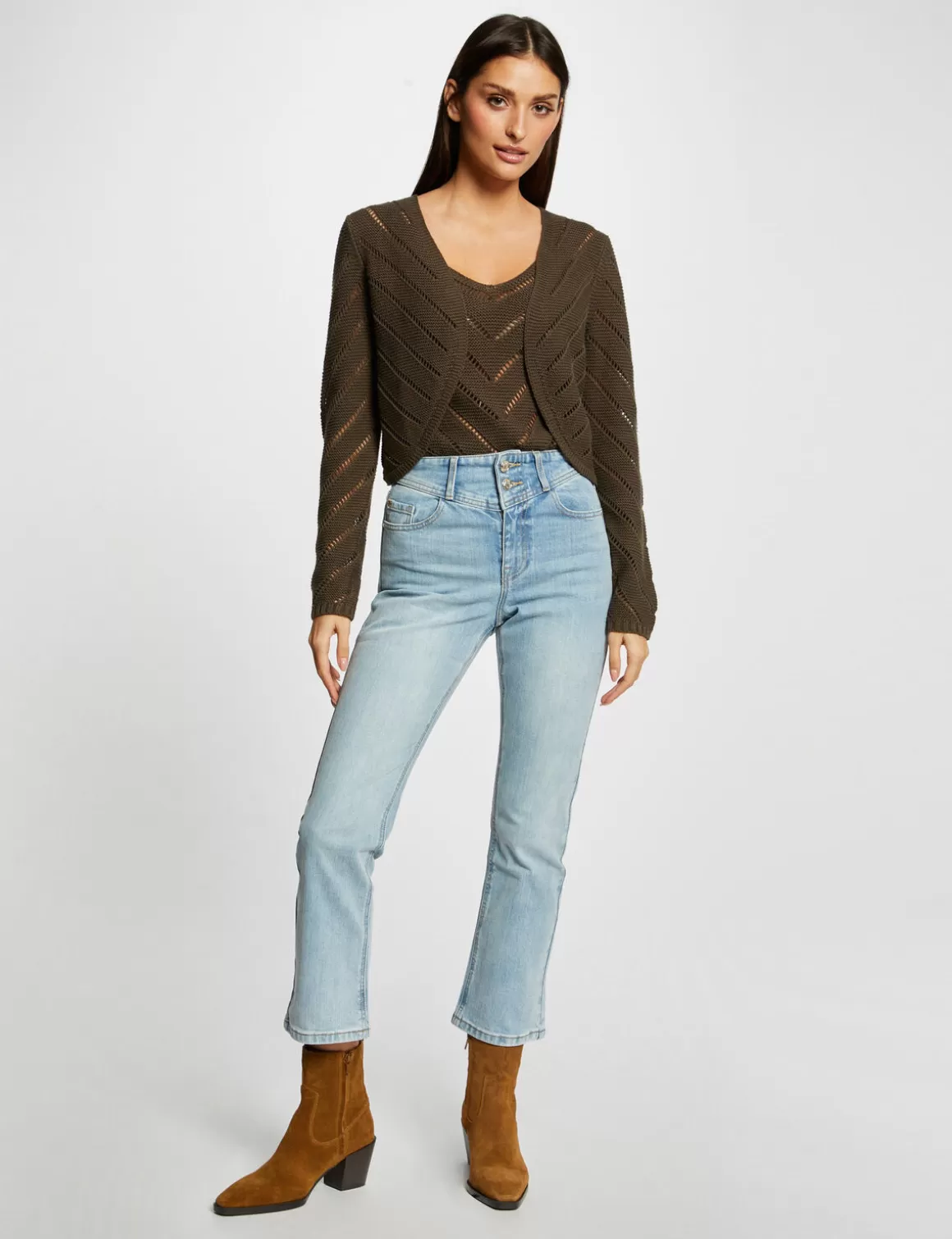 Morgan Gilets>Gilet Manches Longues A Details Ajoures Vert Kaki Femme | Vert_Kaki
