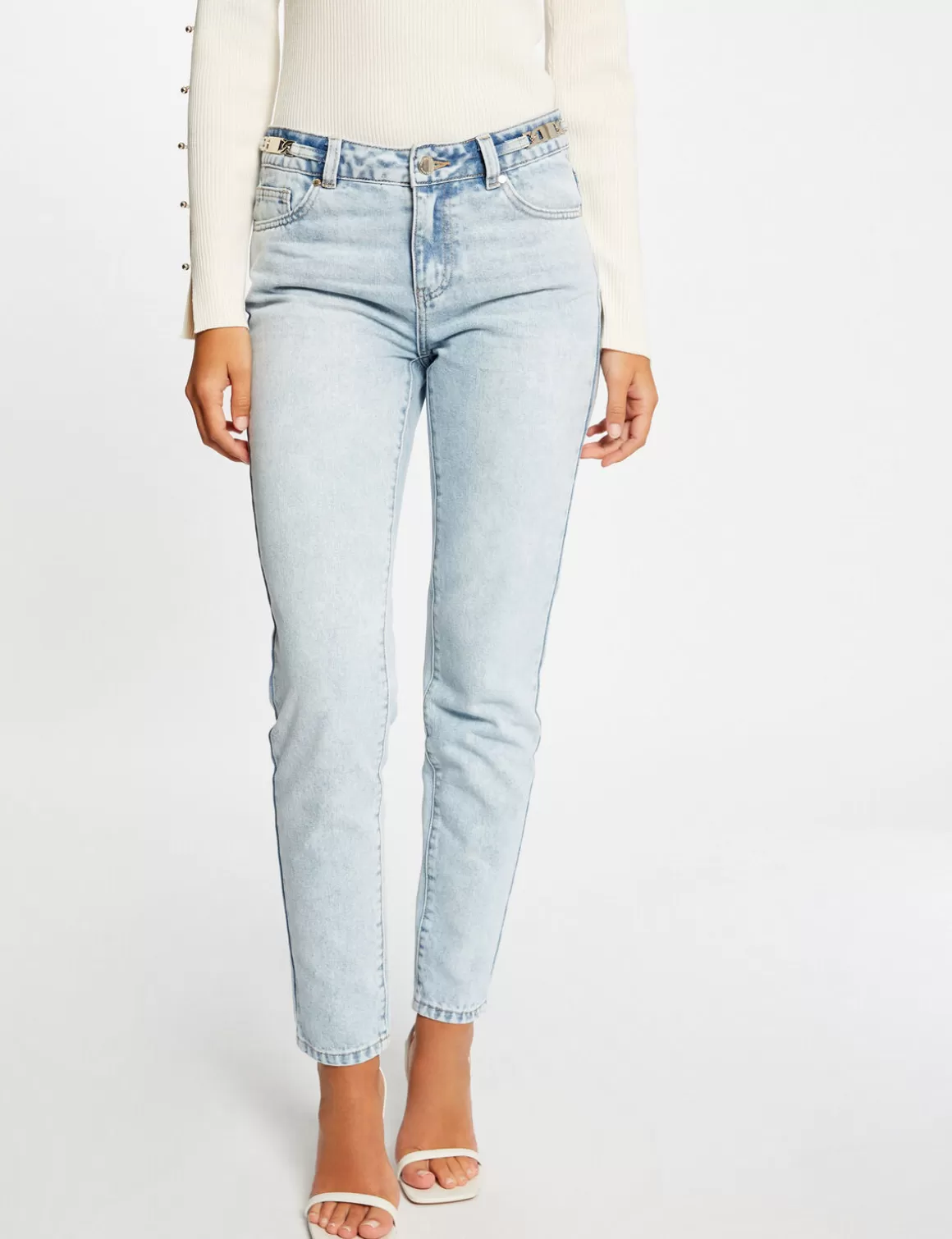 Morgan Jeans>Jeans Droit Avec Ornements Metalliques Jean Bleached Femme | Jean_Bleached