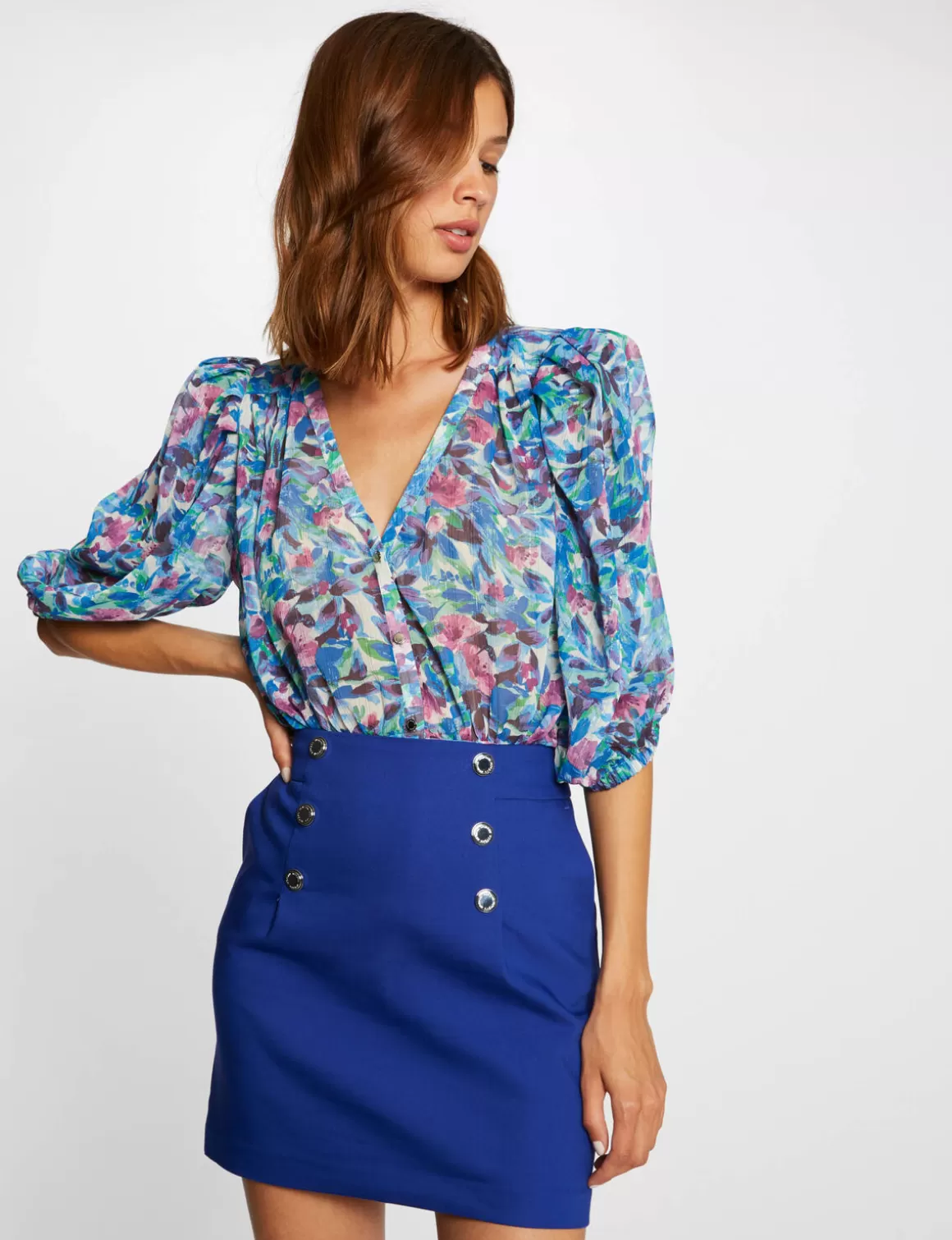 Morgan Jupes>Jupe Droite Taille Haute Avec Boutons Bleu Electrique Femme | Bleu_Electrique