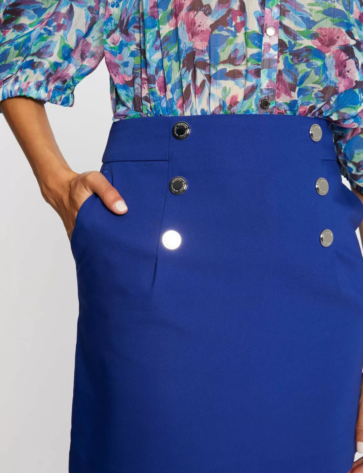 Morgan Jupes>Jupe Droite Taille Haute Avec Boutons Bleu Electrique Femme | Bleu_Electrique