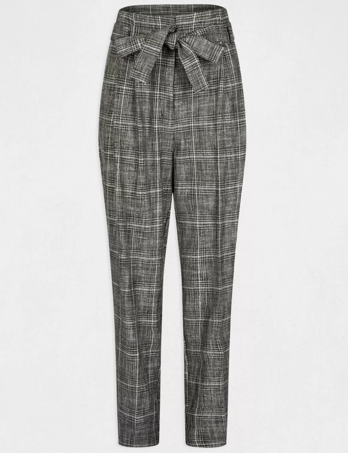 Morgan Ensembles Et Tailleurs>Pantalon City Paperbag A Carreaux Gris Moyen Femme | Gris_Moyen