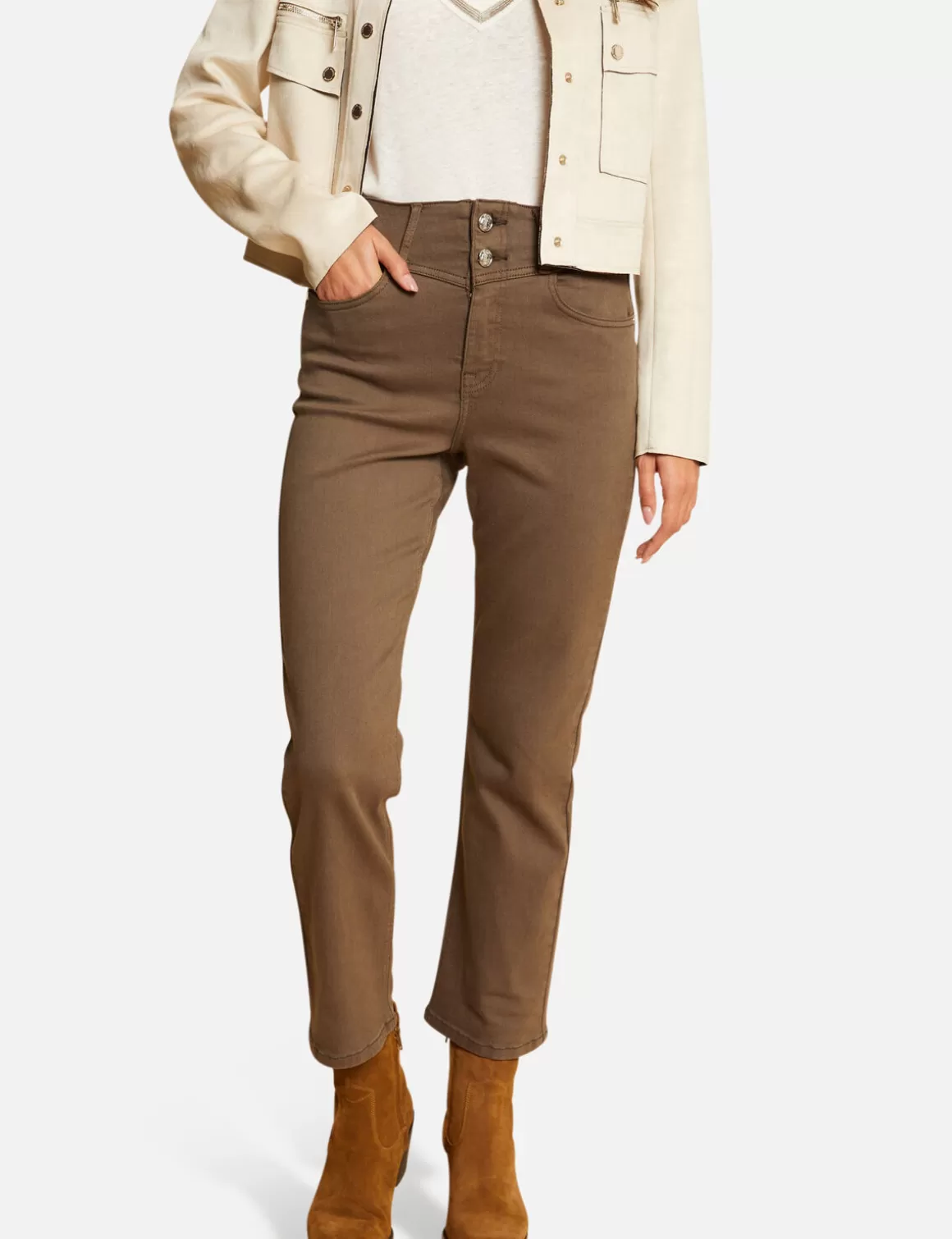 Morgan Pantalons>Pantalon Droit Taille Haute 7/8Eme Vert Kaki Femme | Vert_Kaki