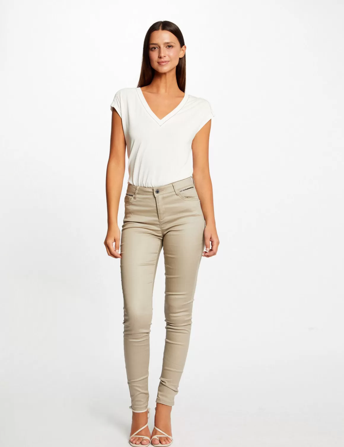 Morgan Pantalons>Pantalon Skinny Enduit A Details Bijoux Beige Clair Femme | Beige_Clair