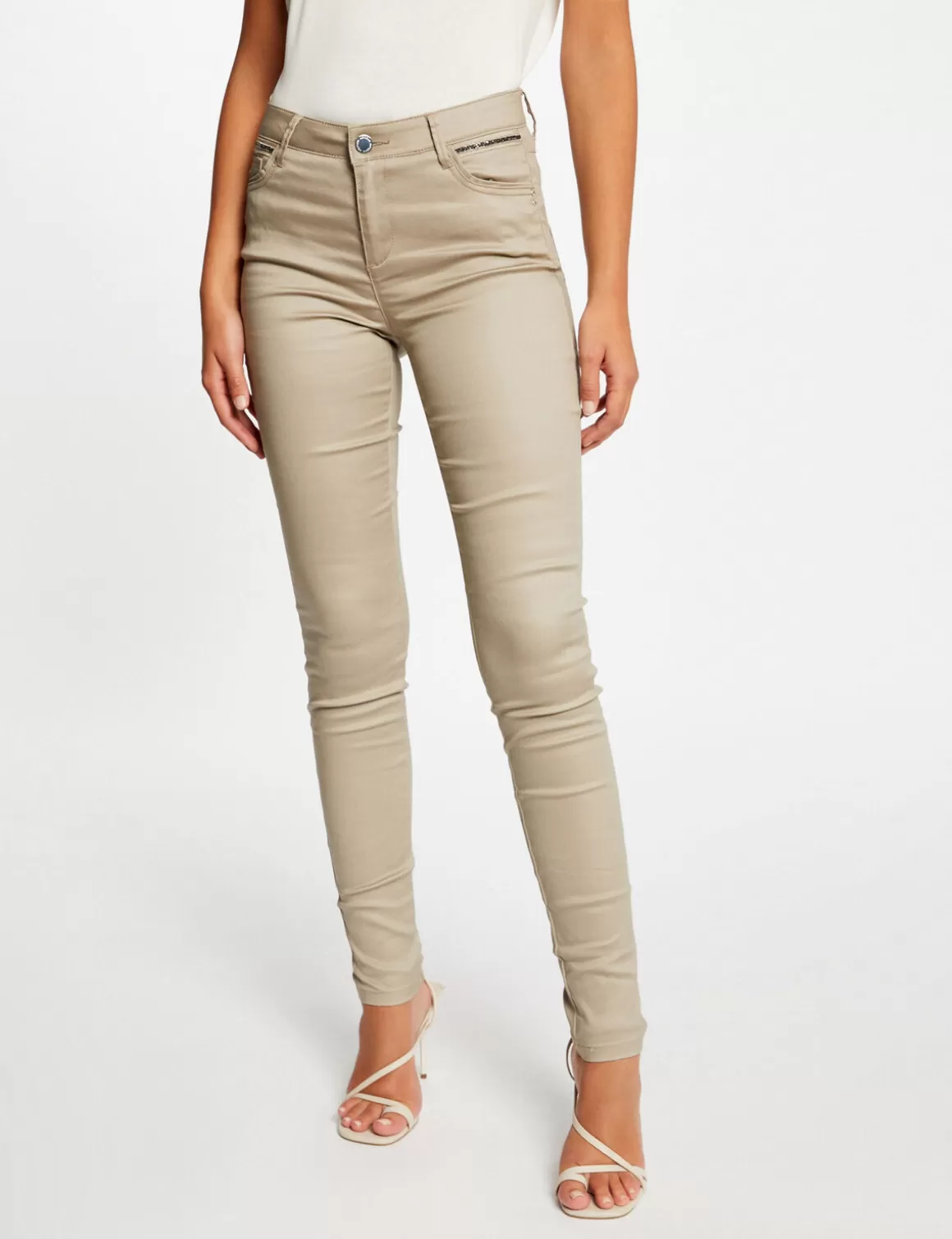 Morgan Pantalons>Pantalon Skinny Enduit A Details Bijoux Beige Clair Femme | Beige_Clair