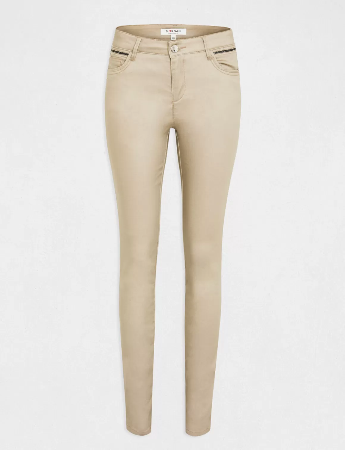 Morgan Pantalons>Pantalon Skinny Enduit A Details Bijoux Beige Clair Femme | Beige_Clair