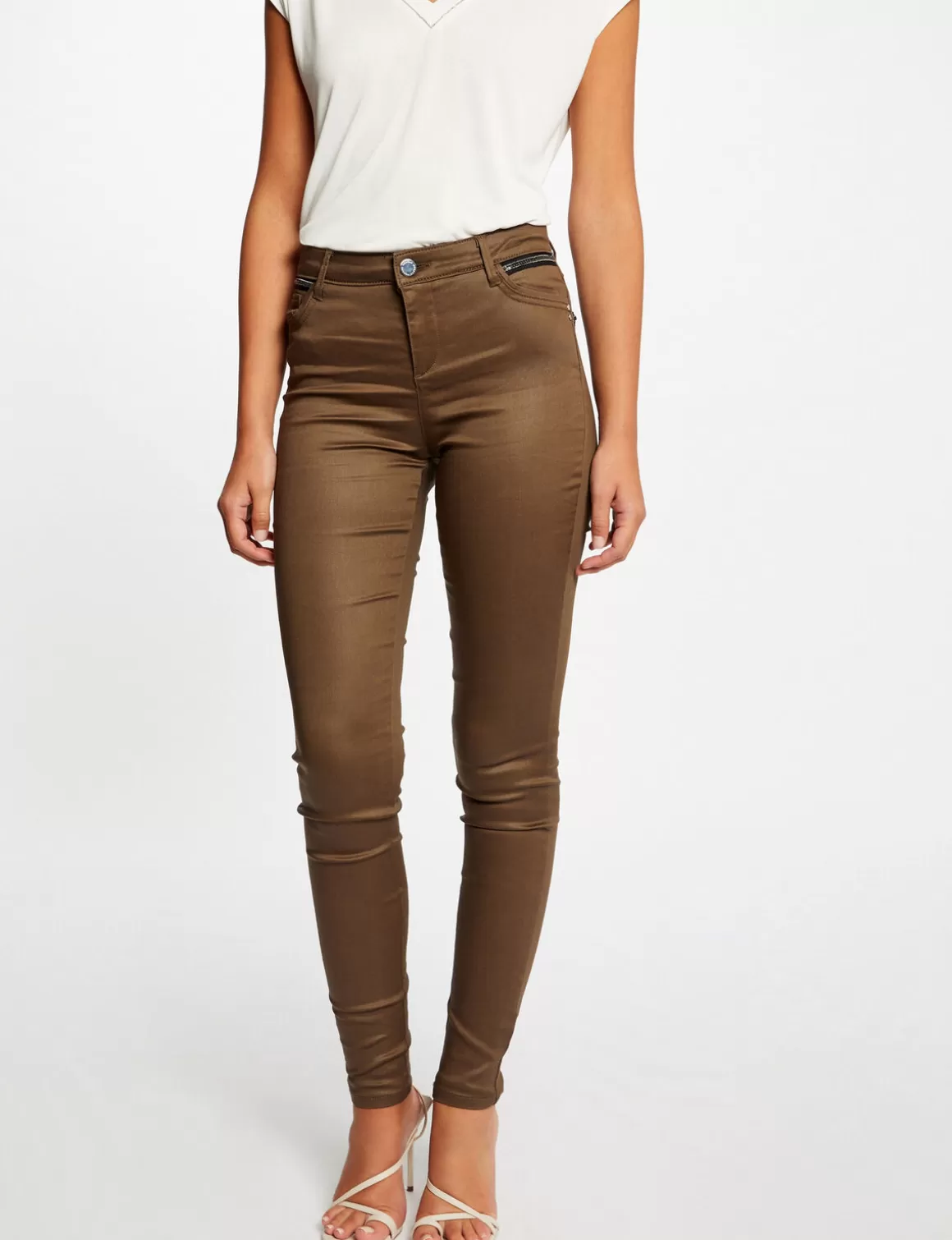 Morgan Shorts>Pantalon Skinny Enduit A Details Bijoux Vert Moyen Femme | Vert_Moyen