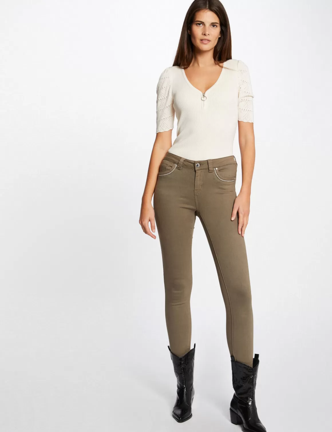 Morgan Pantalons>Pantalon Slim Avec Details Bijoux Vert Kaki Femme | Vert_Kaki
