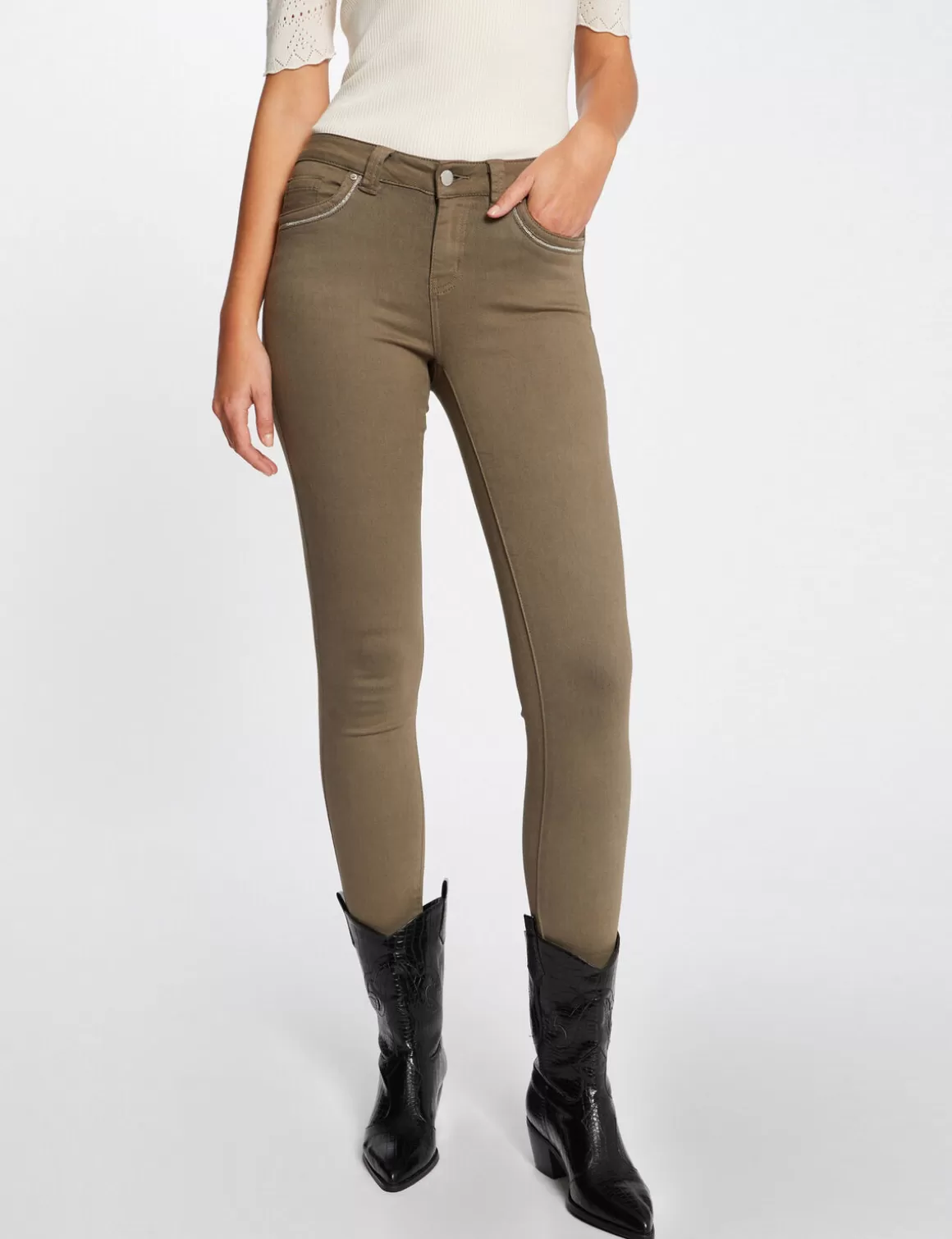 Morgan Pantalons>Pantalon Slim Avec Details Bijoux Vert Kaki Femme | Vert_Kaki