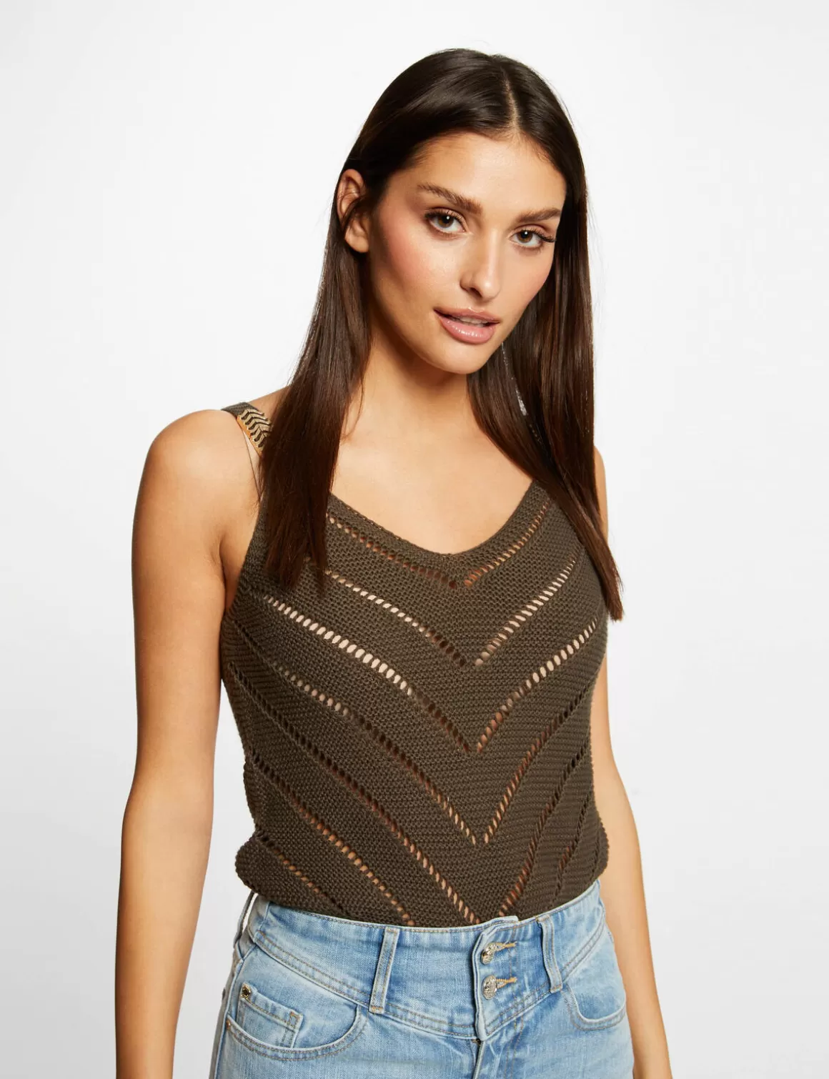 Morgan Tops Et T-Shirts>Pull Debardeur A Ornements Metalliques Vert Kaki Femme | Vert_Kaki