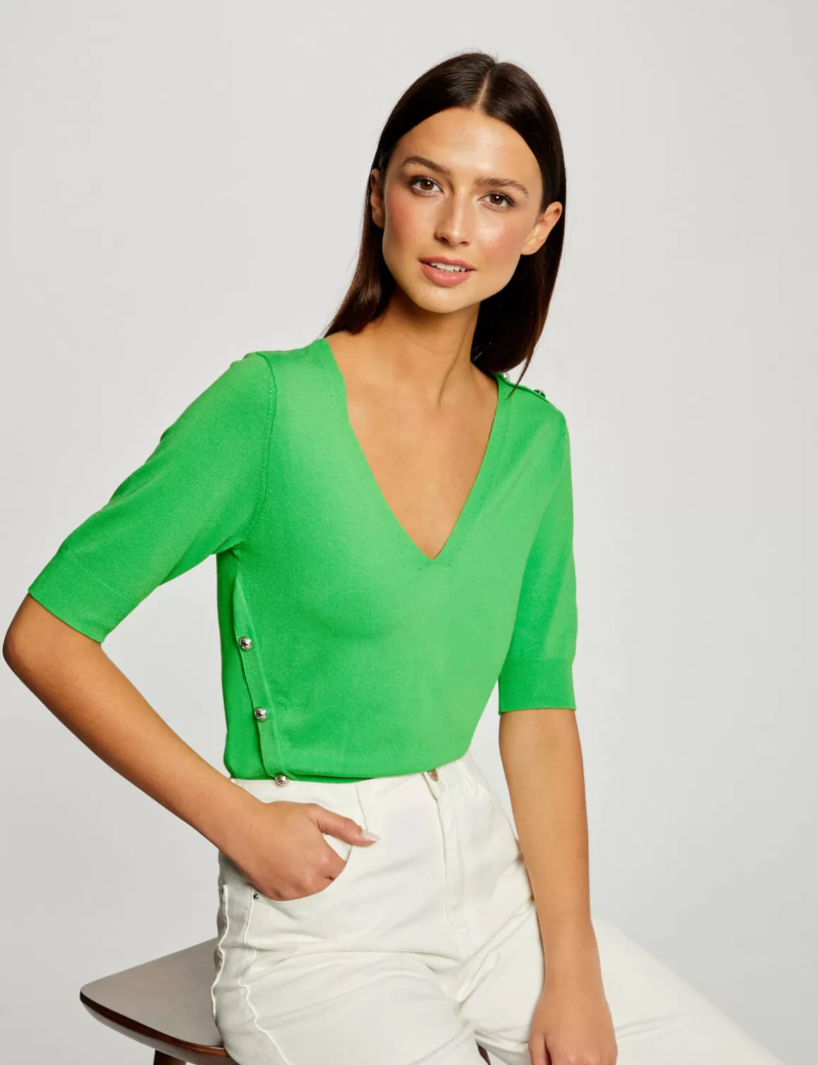 Morgan Pulls>Pull Manches 3/4 Avec Boutons Vert Clair Femme | Vert_Clair
