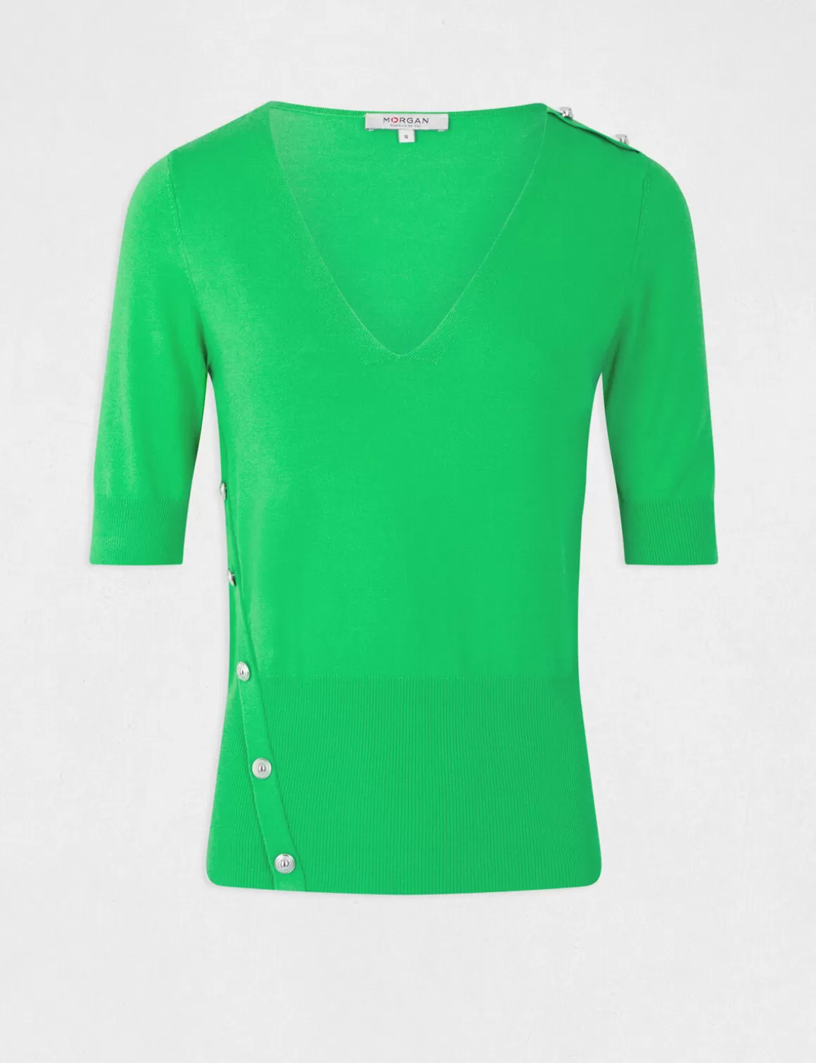 Morgan Pulls>Pull Manches 3/4 Avec Boutons Vert Clair Femme | Vert_Clair