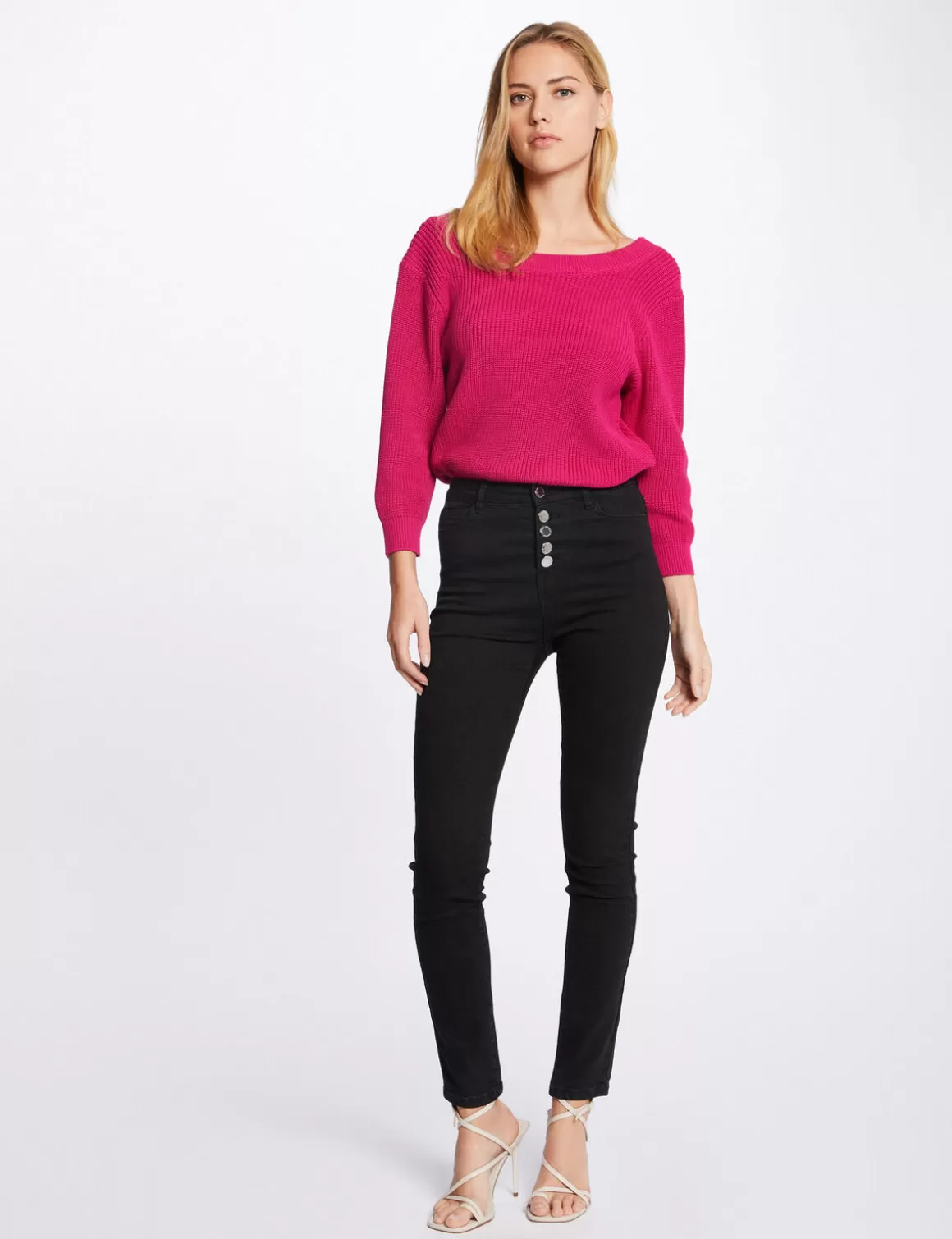 Morgan Pulls>Pull Manches 3/4 Avec Dos En V Rose Fonce Femme | Rose_Fonce