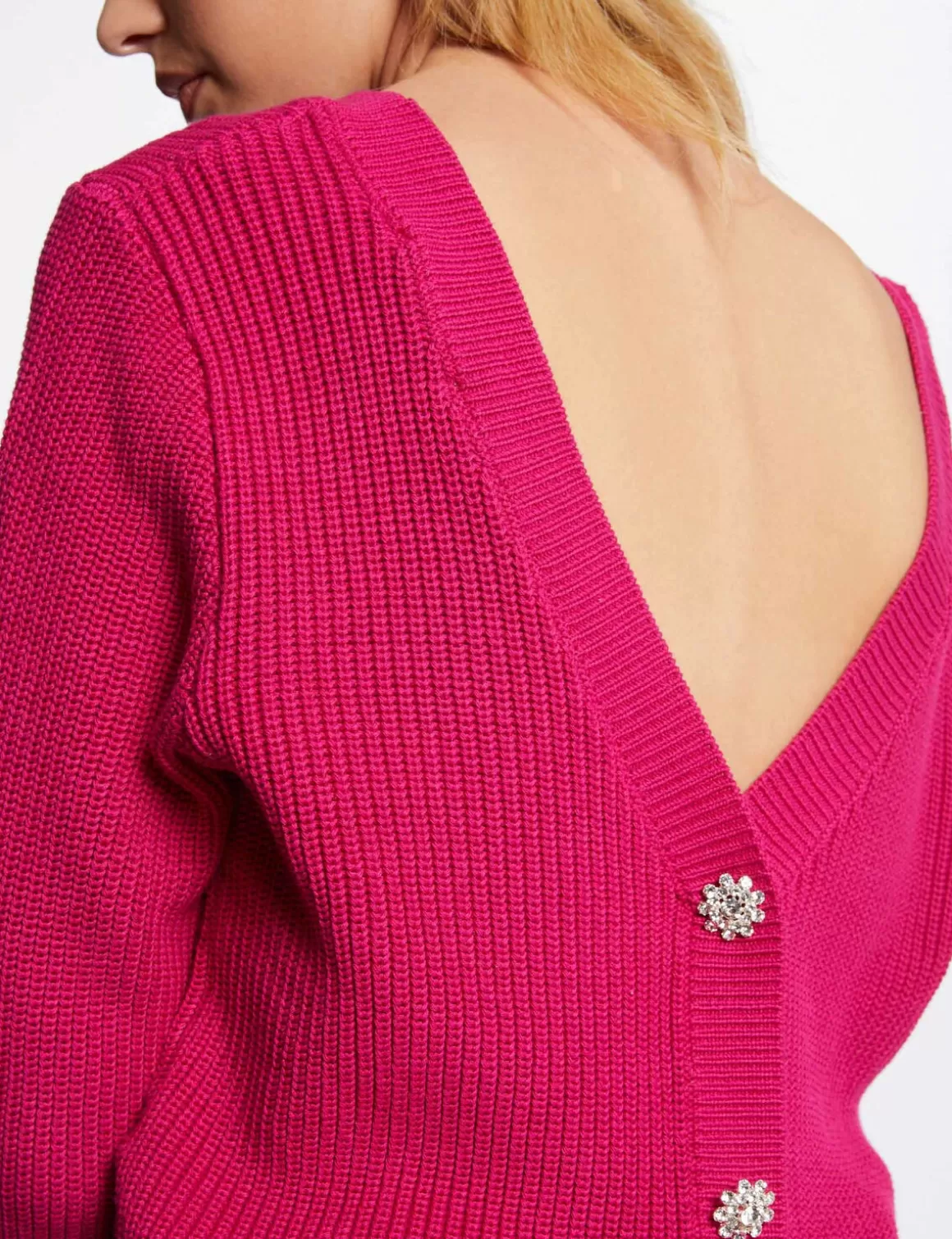 Morgan Pulls>Pull Manches 3/4 Avec Dos En V Rose Fonce Femme | Rose_Fonce