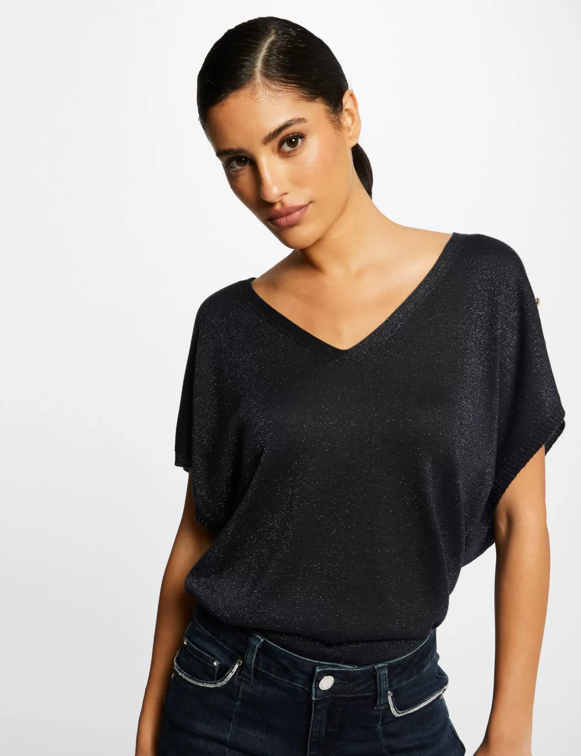 Morgan Pulls>Pull Manches Courtes A Col En V Femme | Marine
