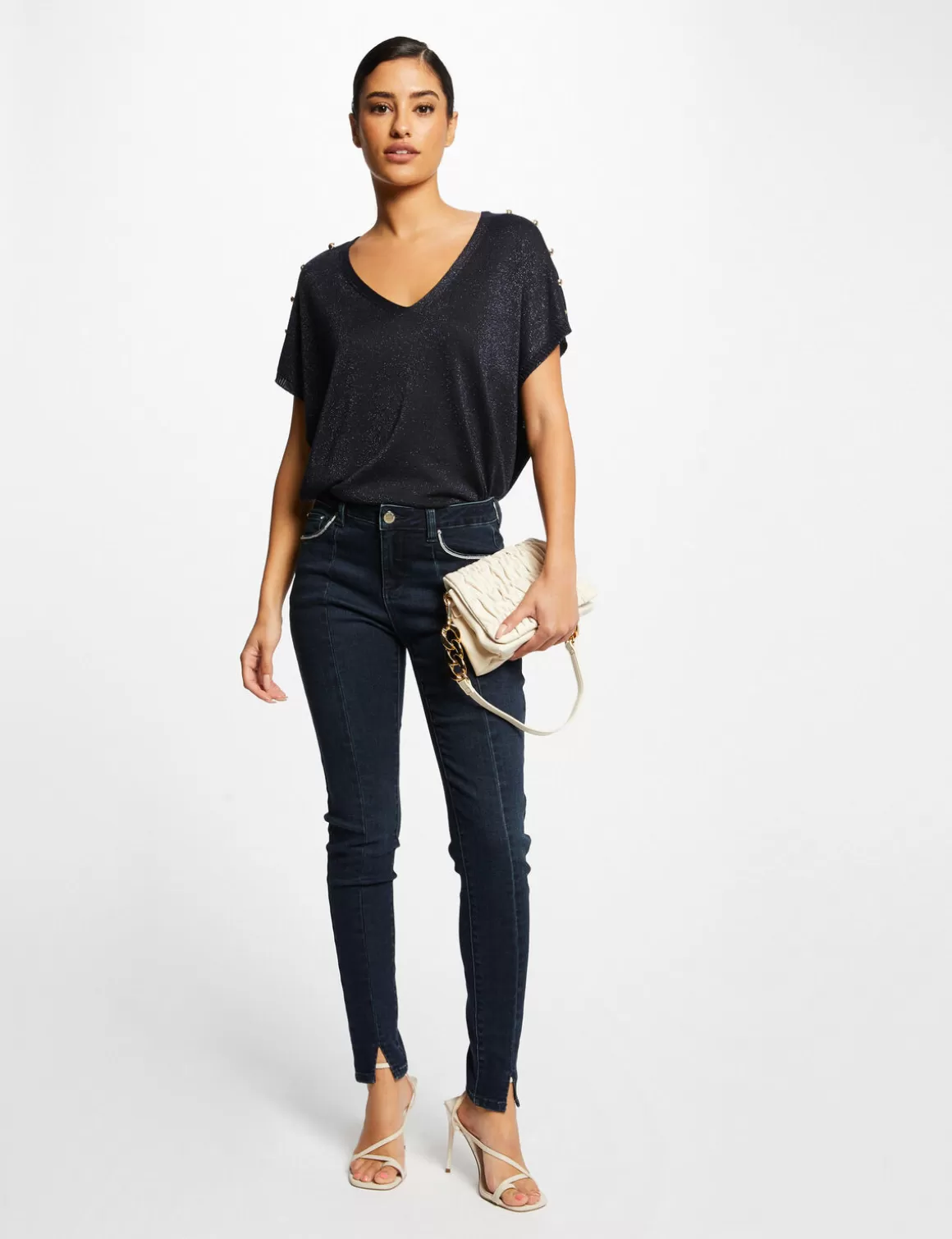 Morgan Pulls>Pull Manches Courtes A Col En V Femme | Marine