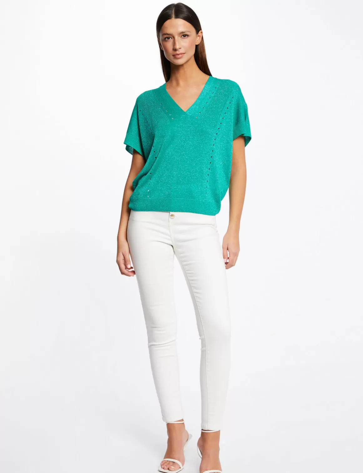 Morgan Pulls>Pull Manches Courtes A Col En V Vert Clair Femme | Vert_Clair