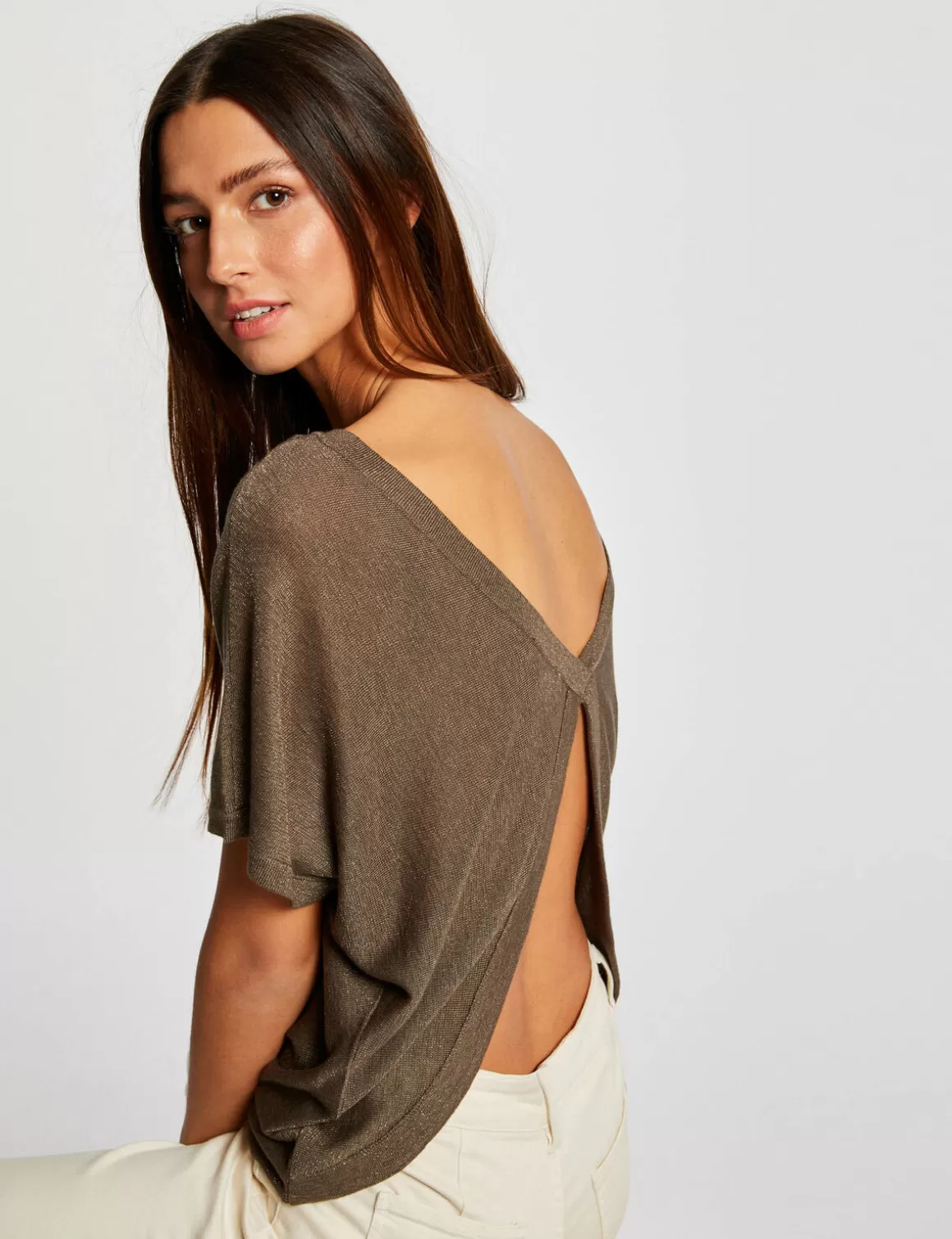 Morgan Pulls>Pull Manches Courtes A Detail Bijou Vert Kaki Femme | Vert_Kaki