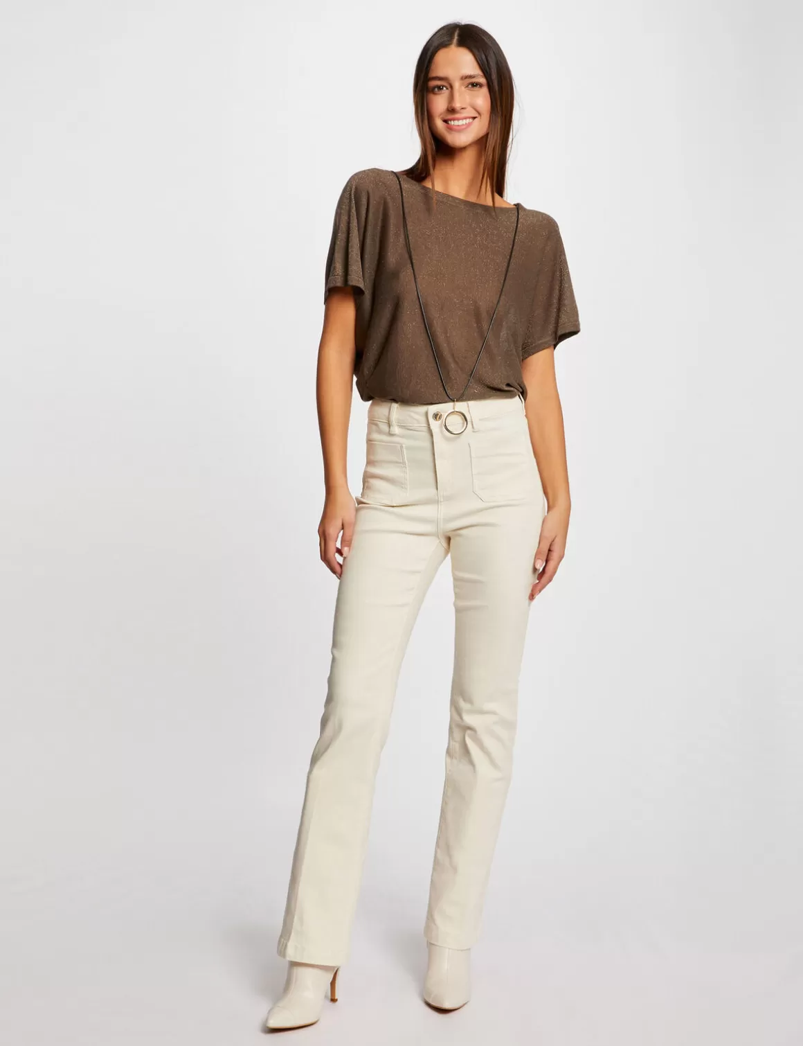 Morgan Pulls>Pull Manches Courtes A Detail Bijou Vert Kaki Femme | Vert_Kaki