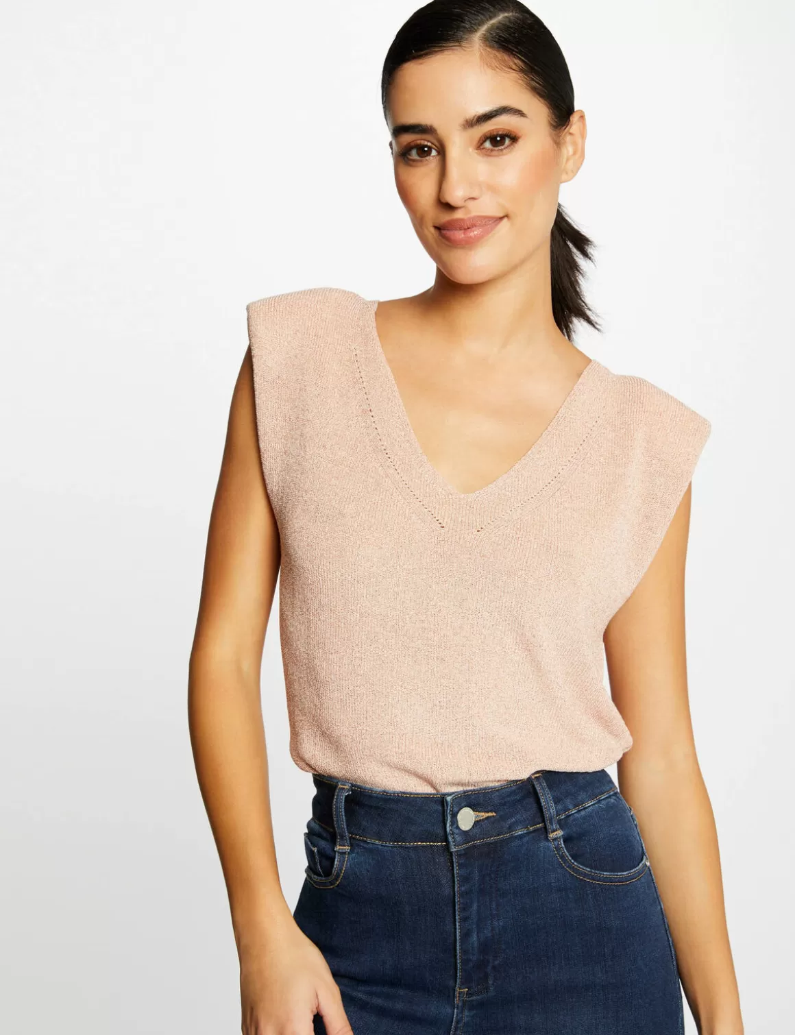 Morgan Pulls>Pull Manches Courtes A Epaulettes Vieux Rose Femme | Vieux_Rose
