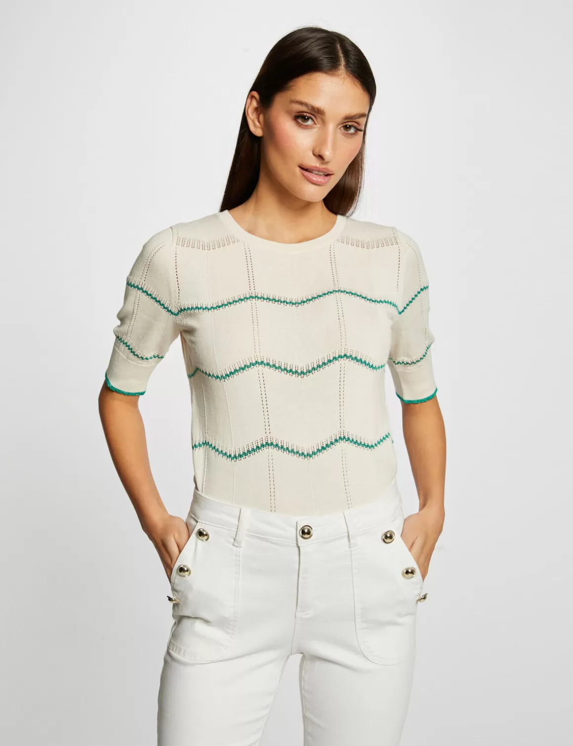 Morgan Pulls>Pull Manches Courtes A Rayures Vert Moyen Femme | Vert_Moyen