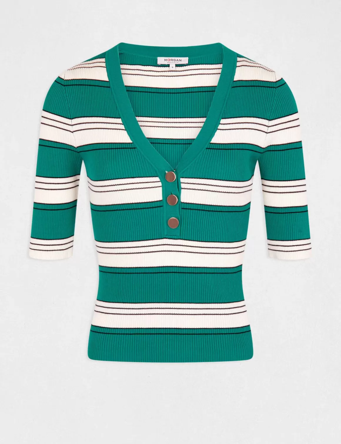 Morgan Pulls>Pull Manches Courtes A Rayures Vert Moyen Femme | Vert_Moyen