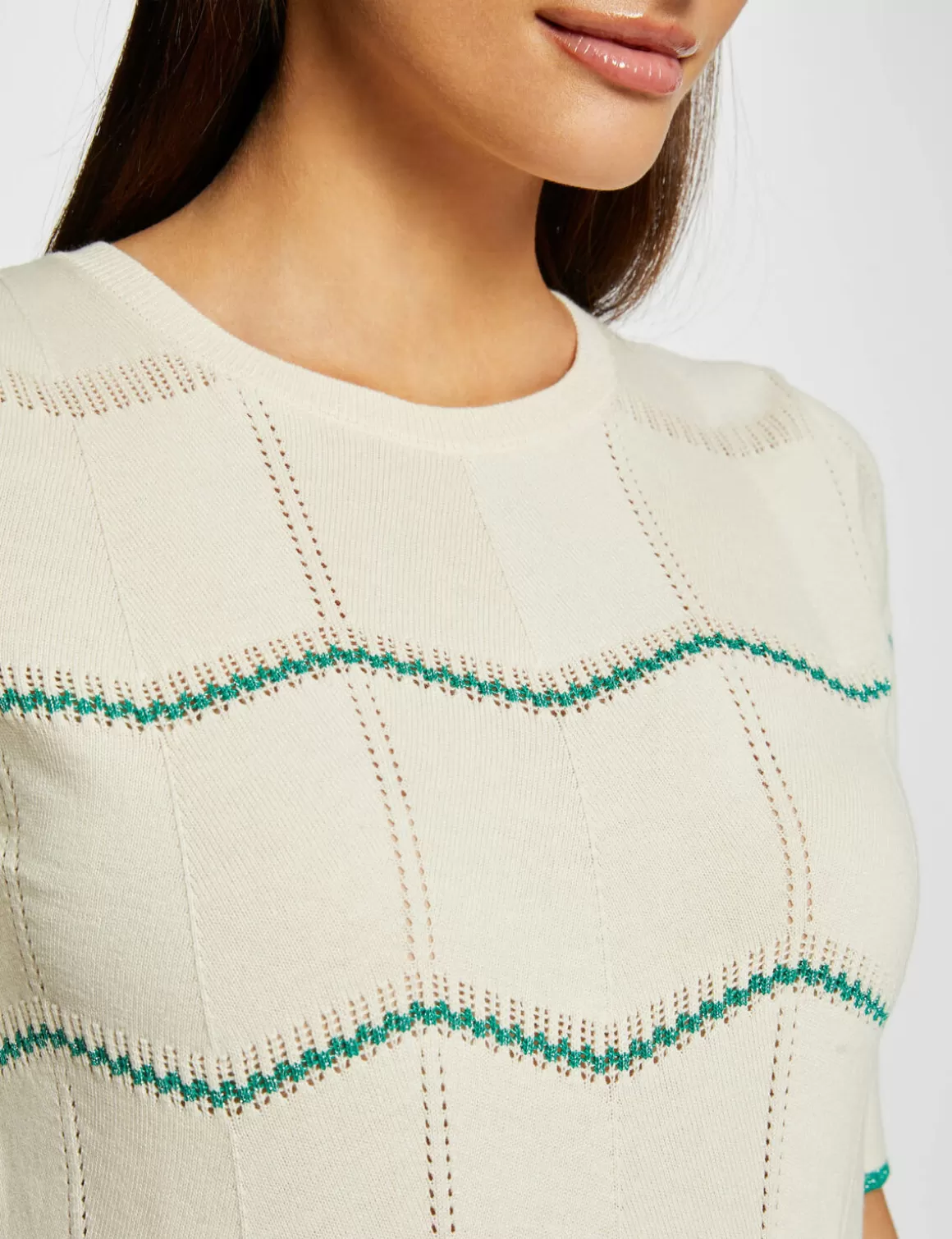 Morgan Pulls>Pull Manches Courtes A Rayures Vert Moyen Femme | Vert_Moyen
