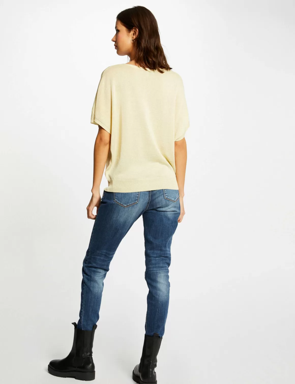 Morgan Pulls>Pull Manches Courtes Avec Boutons Jaune Paille Femme | Jaune_Paille