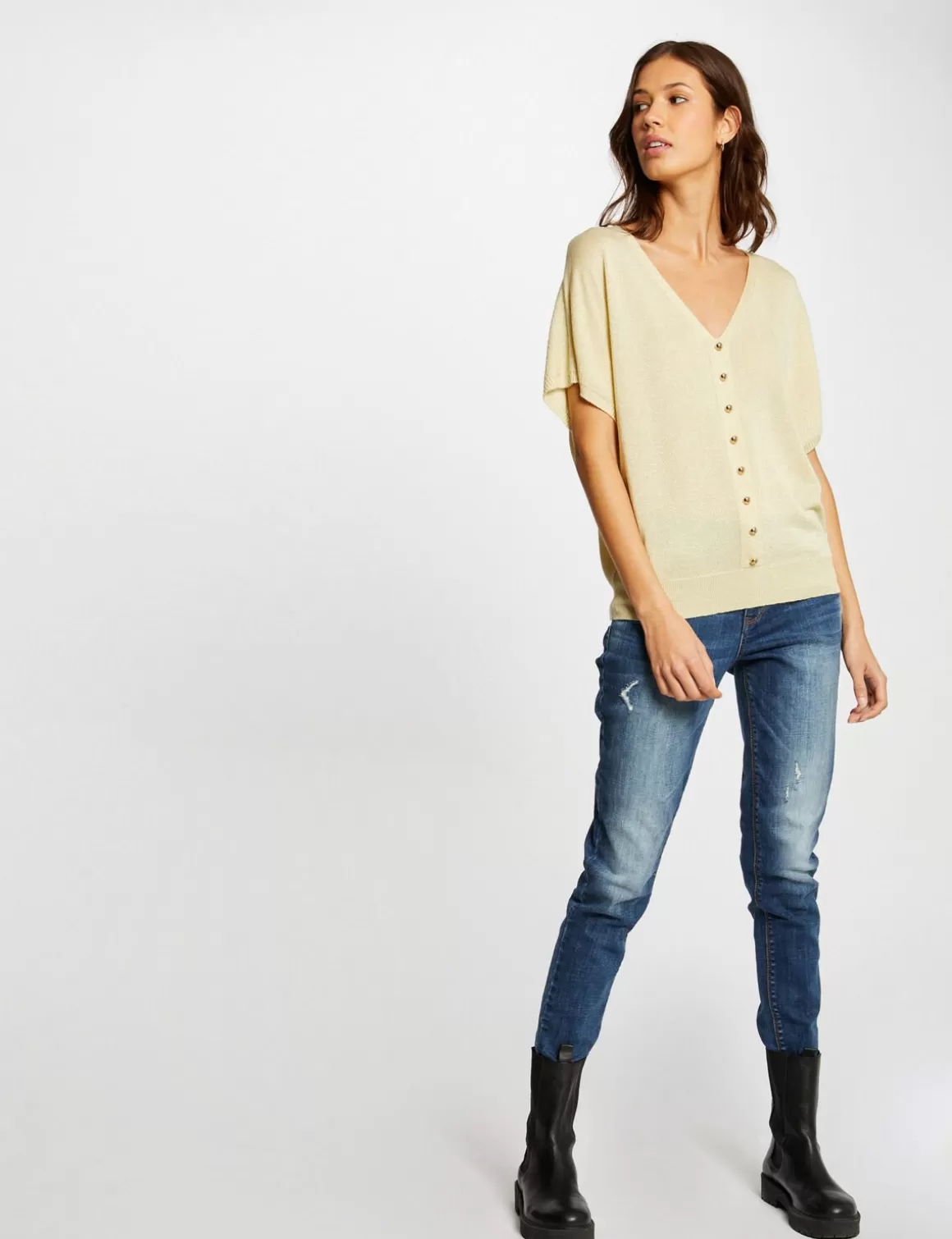 Morgan Pulls>Pull Manches Courtes Avec Boutons Jaune Paille Femme | Jaune_Paille