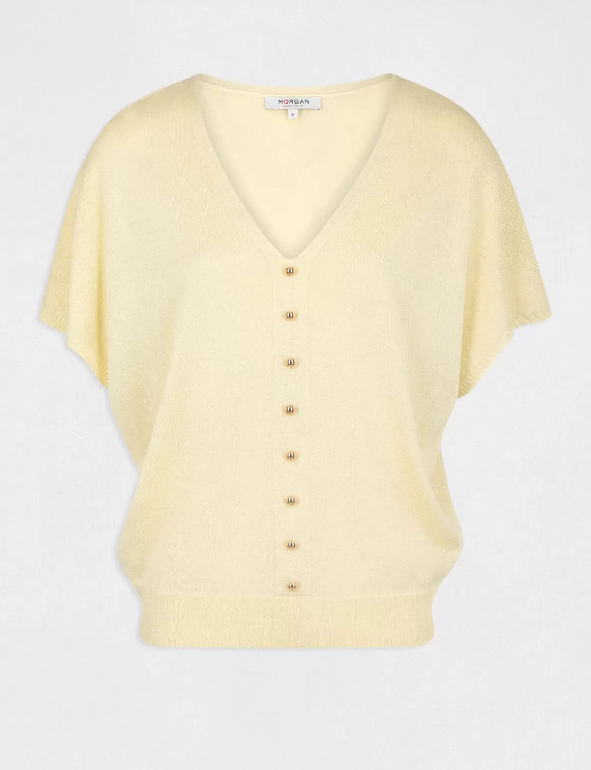 Morgan Pulls>Pull Manches Courtes Avec Boutons Jaune Paille Femme | Jaune_Paille