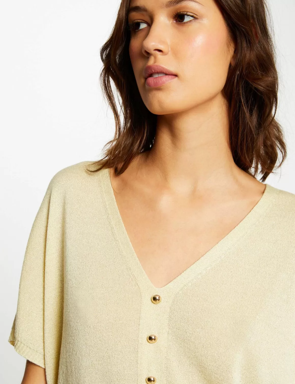 Morgan Pulls>Pull Manches Courtes Avec Boutons Jaune Paille Femme | Jaune_Paille