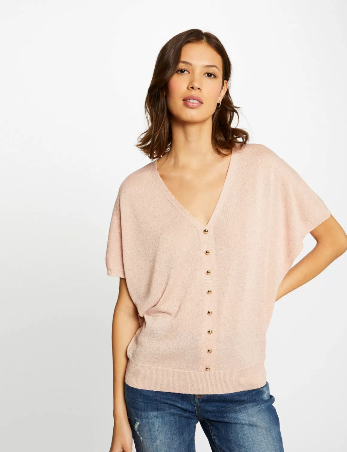 Morgan Pulls>Pull Manches Courtes Avec Boutons Vieux Rose Femme | Vieux_Rose