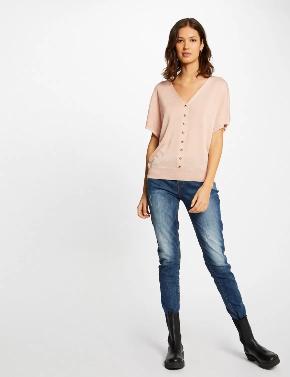 Morgan Pulls>Pull Manches Courtes Avec Boutons Vieux Rose Femme | Vieux_Rose